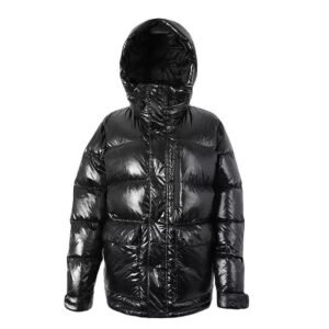 Black hooded bubble jacket with front zip closure
