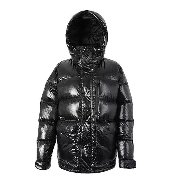 Black hooded bubble jacket with front zip closure