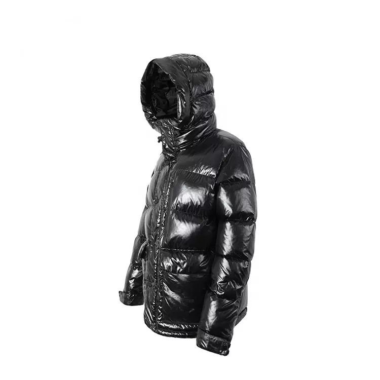 Black hooded bubble jacket with front zip closure