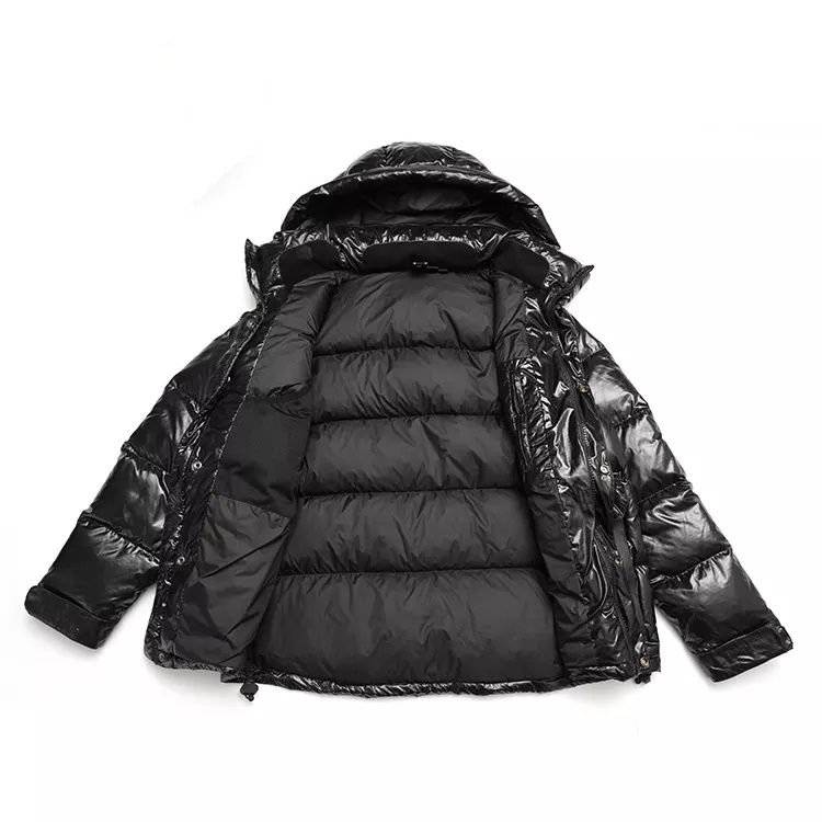Black hooded bubble jacket with front zip closure