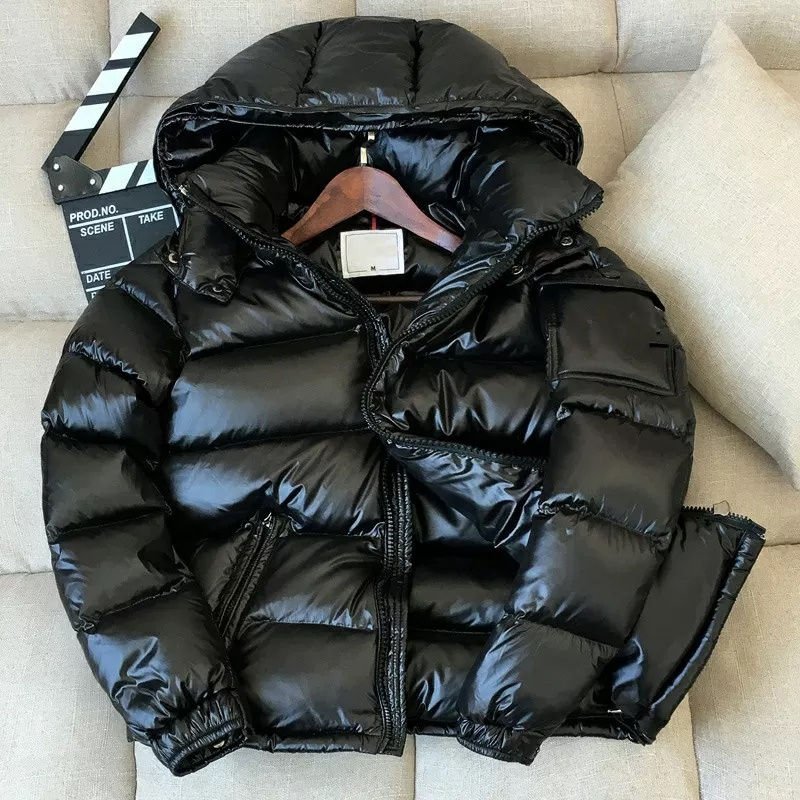 Black hooded bubble jacket with front zip closure