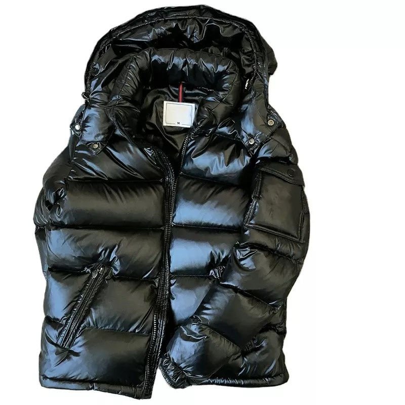 Black hooded bubble jacket with front zip closure