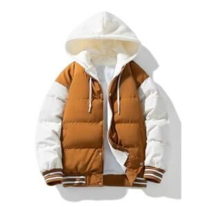 White and brown two-tone hooded jacket