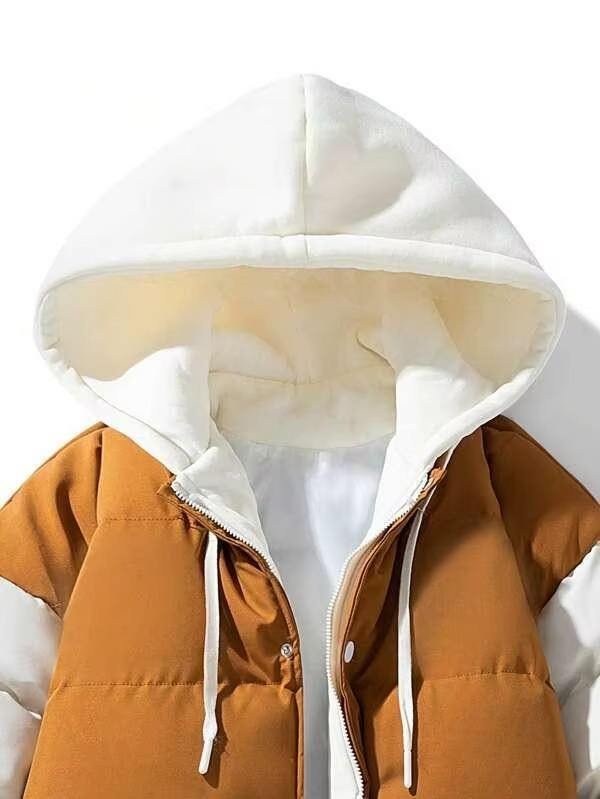 White and brown two-tone hooded jacket