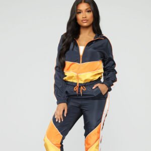 Women’s blue tracksuit with orange and yellow contrast