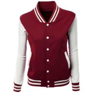 Burgundy maroon varsity letterman jacket with white accent stripes