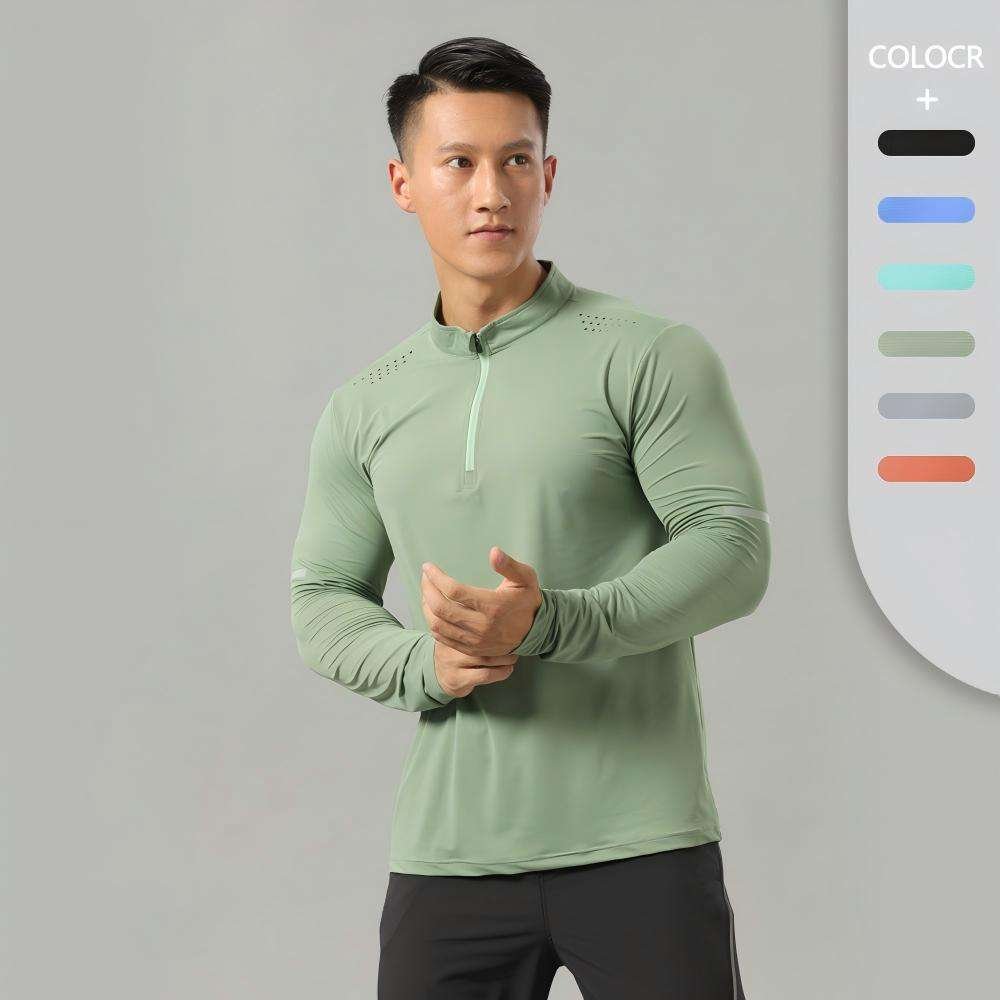 Men's half-zip sports shirt with stand collar and long sleeves