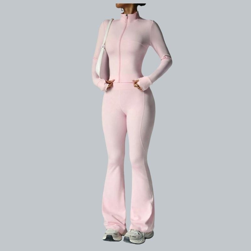 Women's 2-piece zip fitness set with long sleeve top and leggings