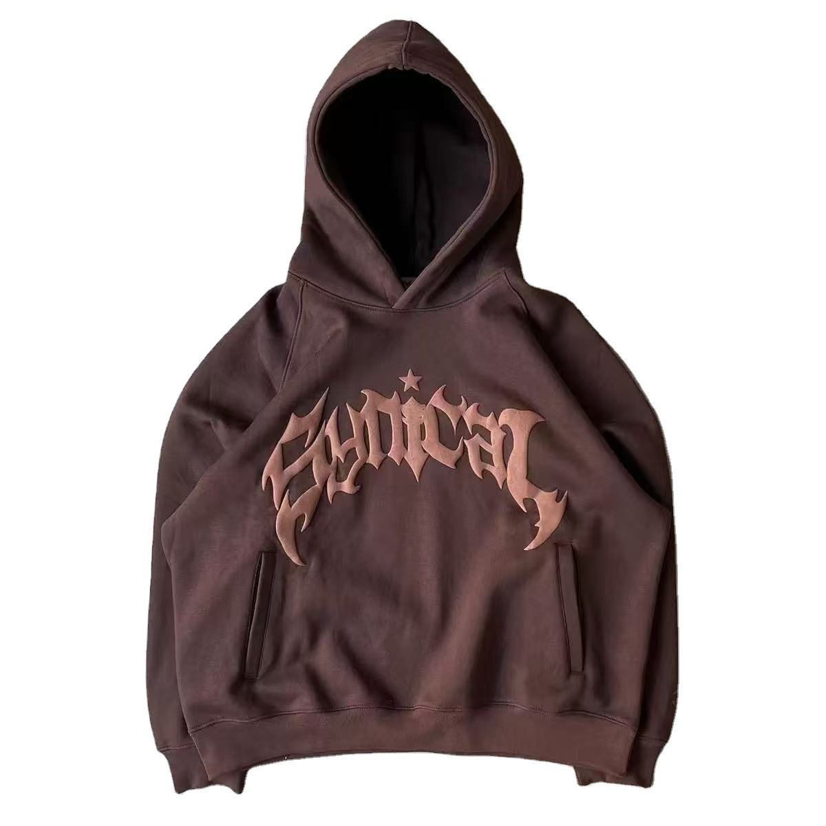 Brown custom 3D puff printed zip-up hooded jacket