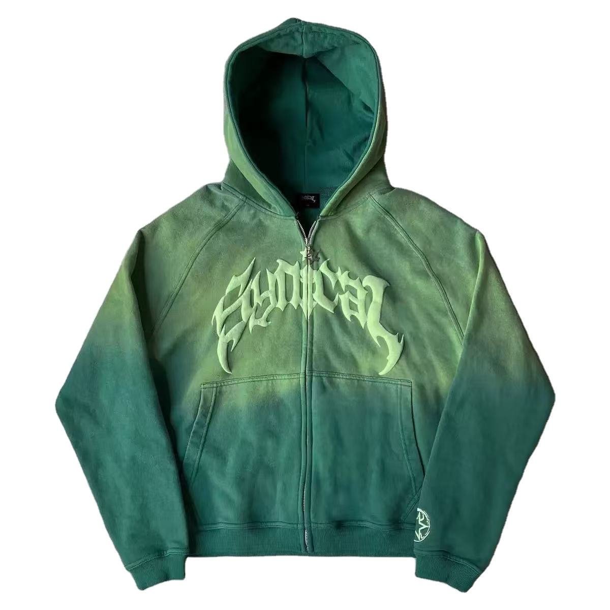 Green custom 3D puff printed zip-up hooded jacket