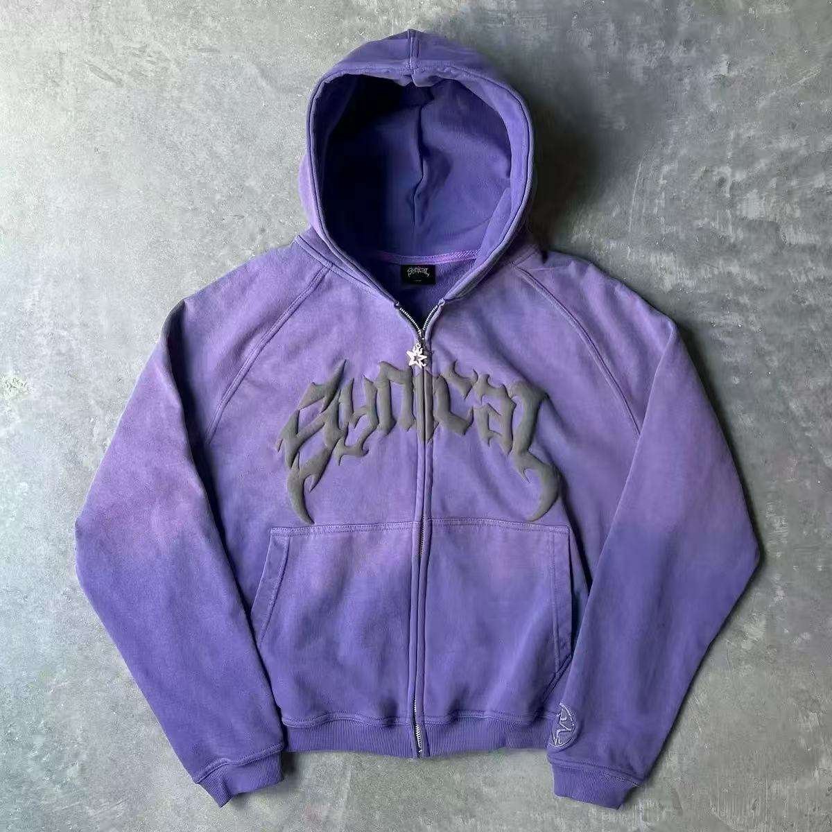 Purple custom 3D puff printed zip-up hooded jacket