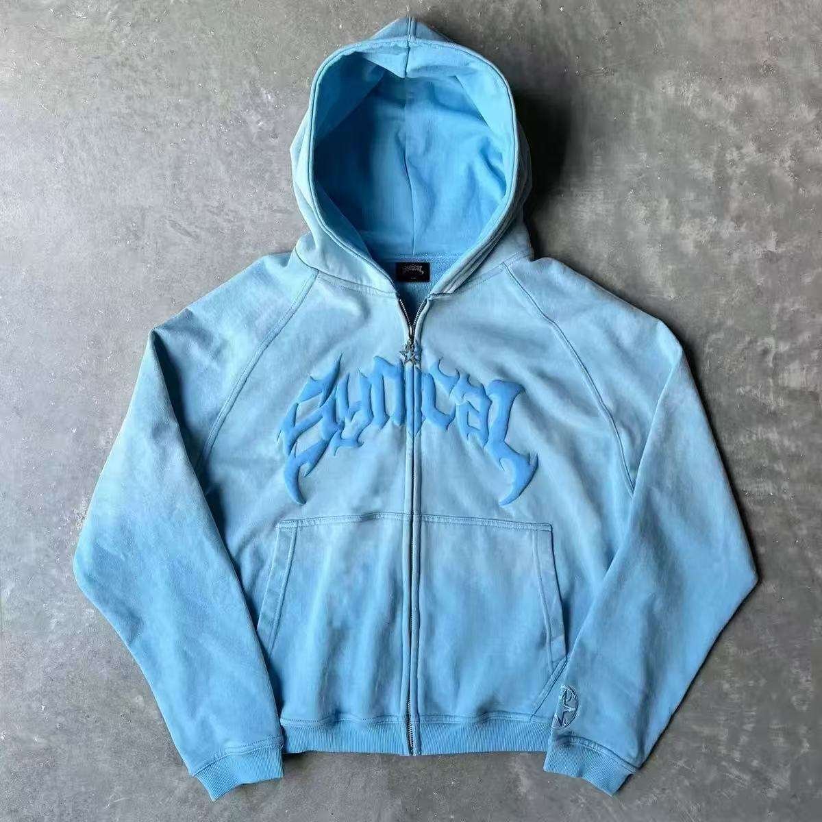 Sky Blue custom 3D puff printed zip-up hooded jacket