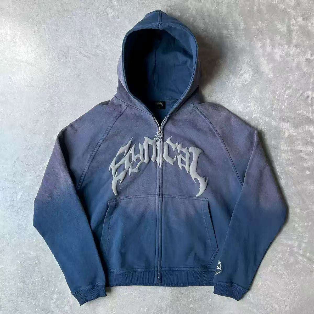 Blue custom 3D puff printed zip-up hooded jacket