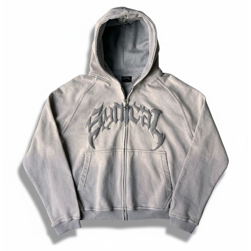 Grey custom 3D puff printed zip-up hooded jacket