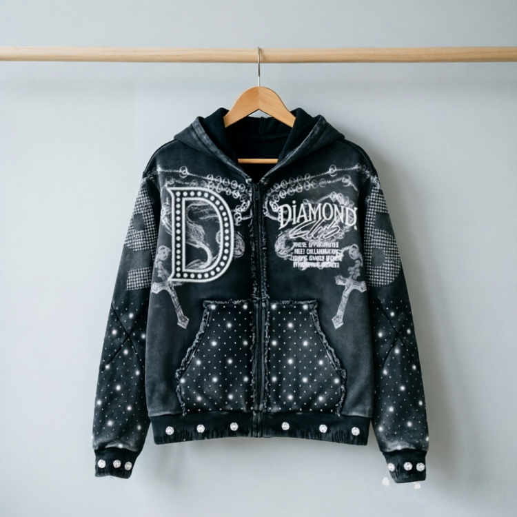 Rhinestone heavyweight zip-up hoodie with oversized streetwear fit