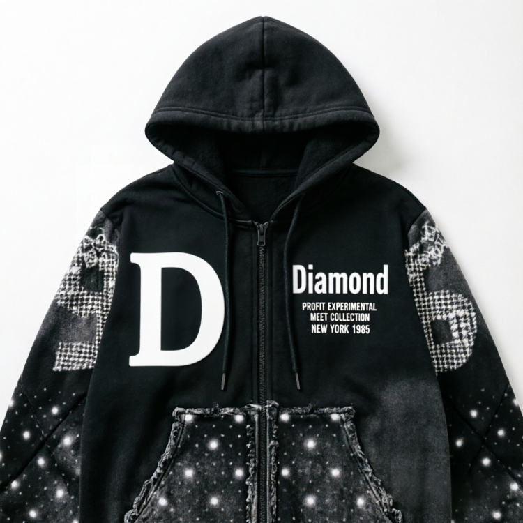 Rhinestone heavyweight zip-up hoodie with oversized streetwear fit