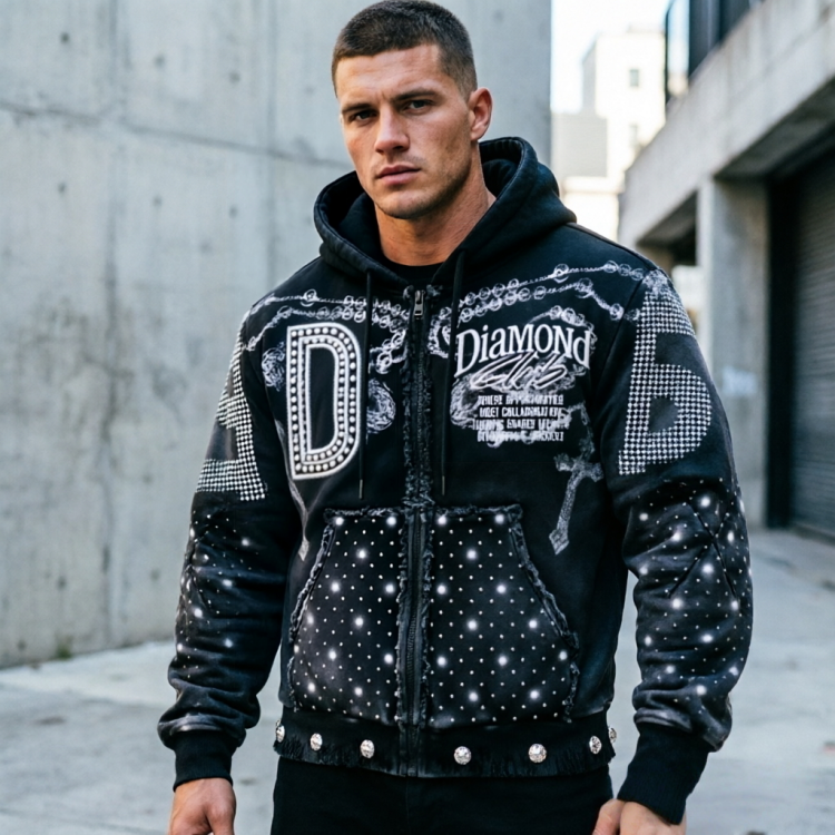Rhinestone heavyweight zip-up hoodie with oversized streetwear fit