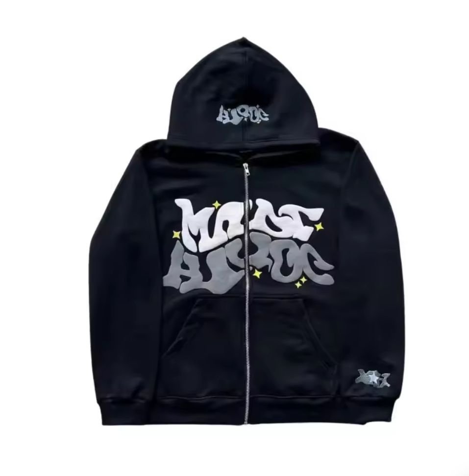 3D puff print heavyweight full-zip hoodie in black