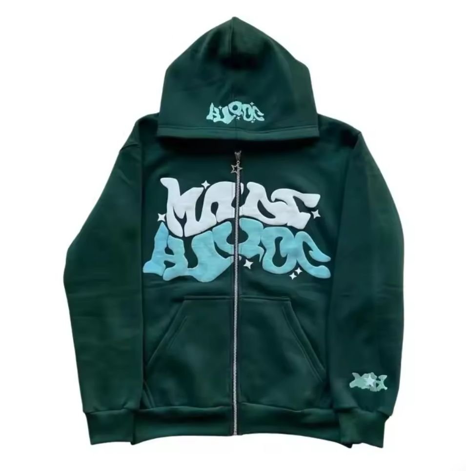 3D puff print heavyweight full-zip hoodie in black