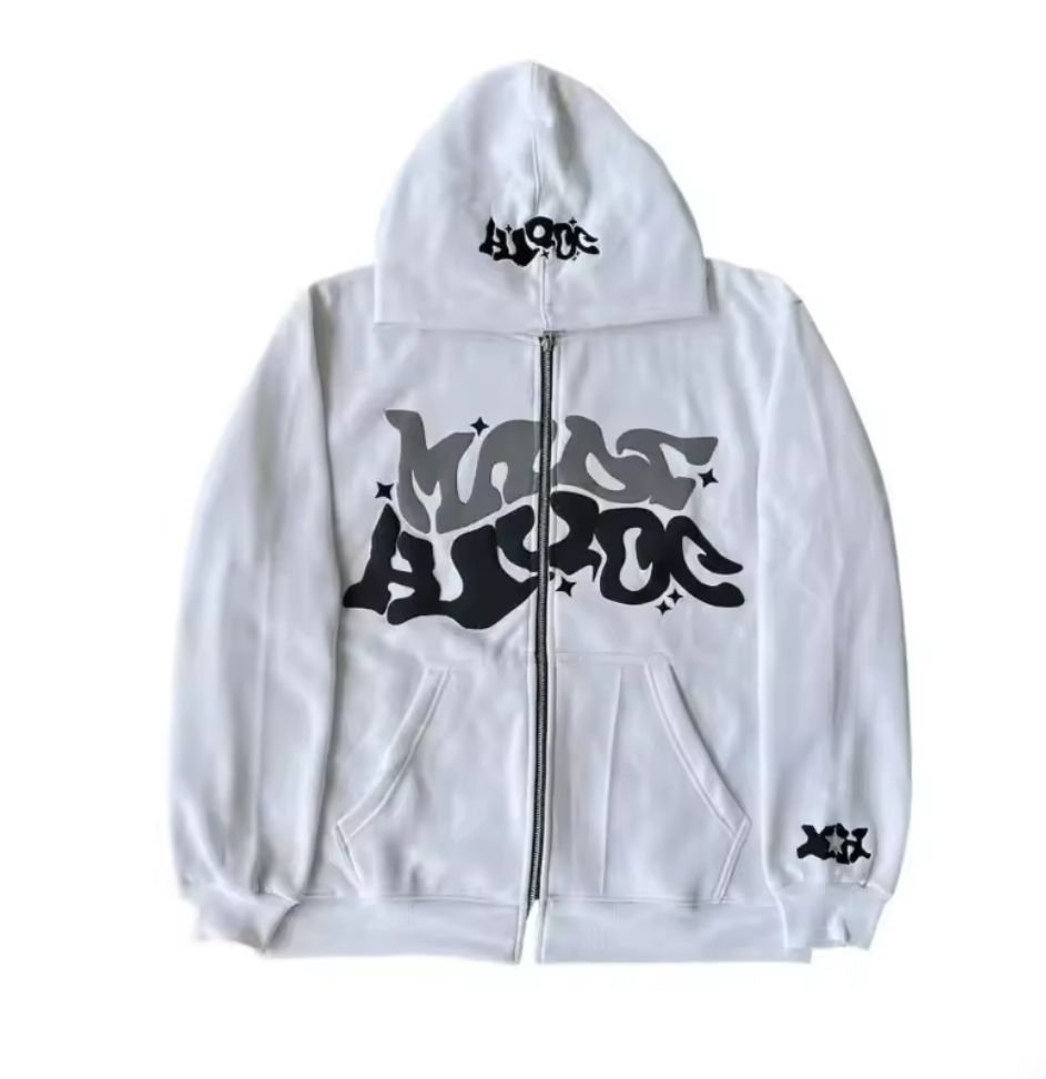 3D puff print heavyweight full-zip hoodie in black