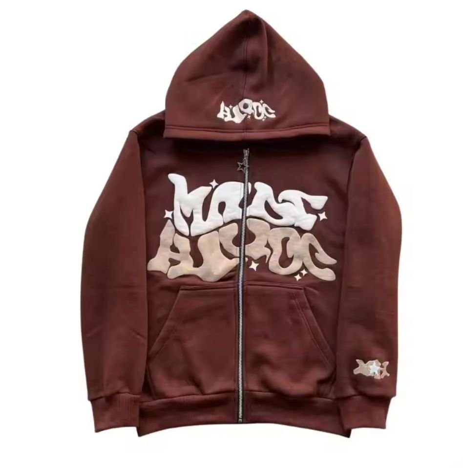 3D puff print heavyweight full-zip hoodie in black
