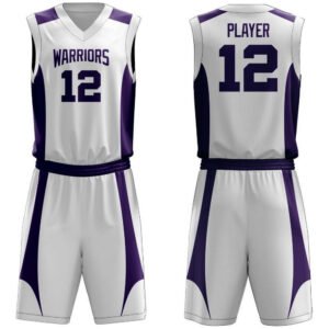 White and purple basketball jersey set with matching shorts