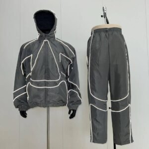 Men's reflective nylon tracksuit with white piping and sporty windbreaker design
